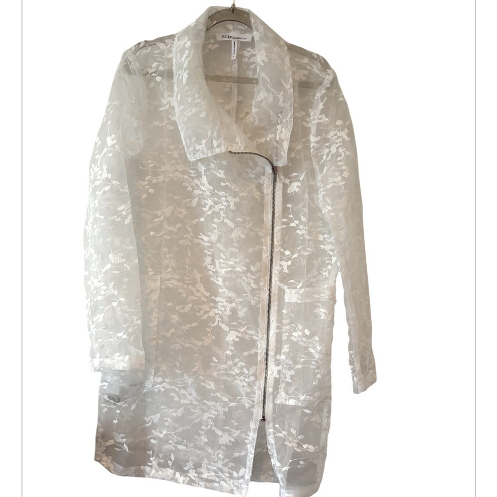 BCBGeneration Optic White Floral Sheer Asymmetrical Zip Embroidered Jacket S